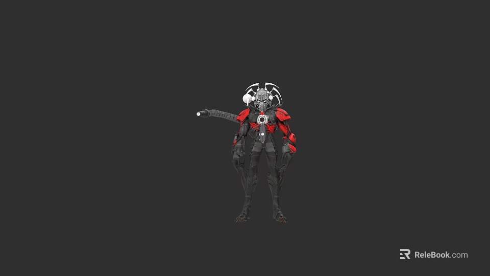 Futuristic Mechanical Humanoid Sculpture with Red Black Components and Weapon Like Back Equipment 3d model 