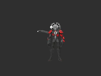 Futuristic Mechanical Humanoid Sculpture with Red Black Components and Weapon Like Back Equipment 3d model