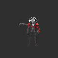 Futuristic Mechanical Humanoid Sculpture with Red Black Components and Weapon Like Back Equipment