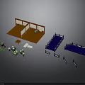 Japanese Style Room Scene Components With Wooden Floor Partition Green Tables Blue Platform And Railings