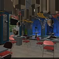 Modern Restaurant Interior With Red Chairs White Tables Pendant Lights And Blue Decorative Walls