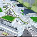 Modern Commercial Street With Tall Buildings Curved Roadways Greenery And Plaza Lighting