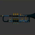 Blue Trumpet as Daily Living Item with Yellow Accents on Black Reflective Surface