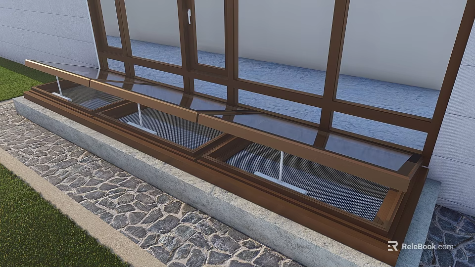 Wooden Framed Large Windows Detached Villa With Stone Pavement And Lawn 3d model 