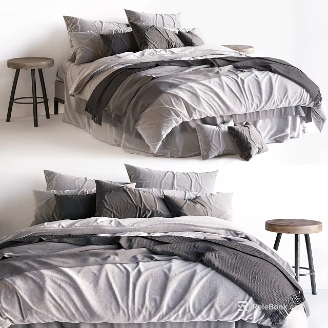 Cozy Double Bed Setup with Gray Bedding Multiple Pillows Duvet and Side Stool 3d model 