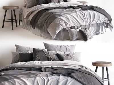 Cozy Double Bed Setup with Gray Bedding Multiple Pillows Duvet and Side Stool 3d model