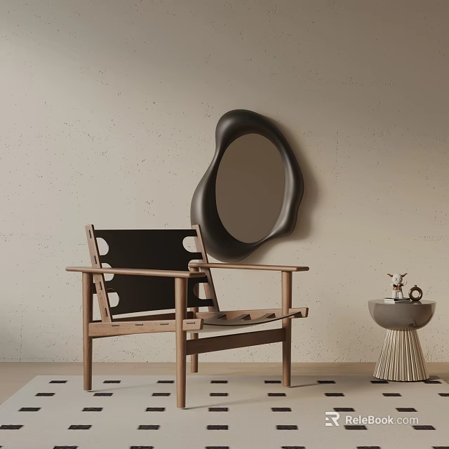 Modern Leisure Chair With Wooden Frame Black Cushion Unique Mirror And Beige Wall 3d model 