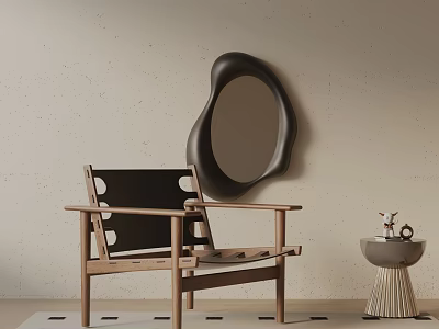 Modern Leisure Chair With Wooden Frame Black Cushion Unique Mirror And Beige Wall 3d model