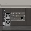 Home Balcony Laundry Area With Stacked Washing Machine Dryer Open Shelves Wooden Cabinets Built-in Lighting