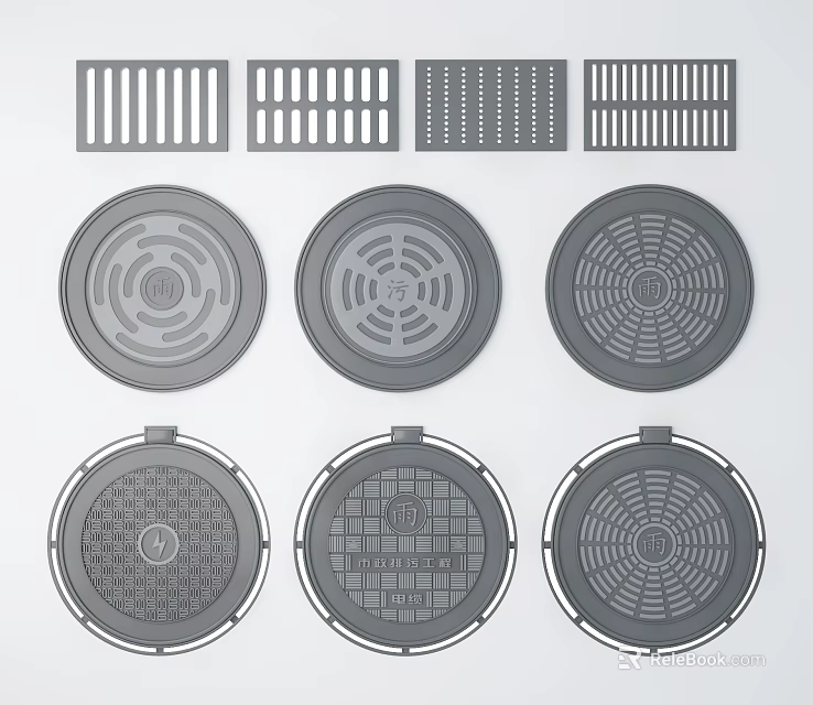 Various Types Of Sewer Drain Covers And Grates With Round Square Designs 3d model 