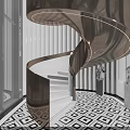 Elegant Modern Reception Desk Area With Circular Chandelier Fireplace And Marble Floor