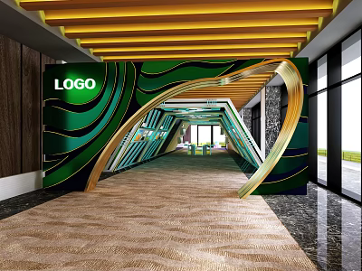 Modern Entrance Hall Interior With Green Wave Wall Yellow Wooden Ceiling Brown Carpet And Logo 3d model