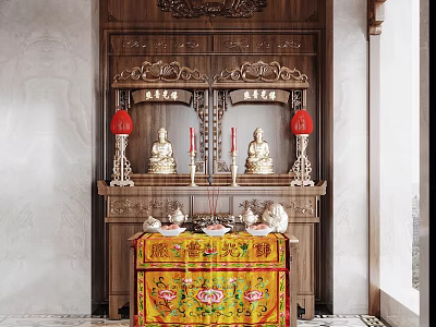 Traditional Wooden Buddhist Shrine Cabinet With Intricate Carvings Red Lanterns And Gold Decorations 3d model