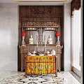 Traditional Wooden Buddhist Shrine Cabinet With Intricate Carvings Red Lanterns And Gold Decorations