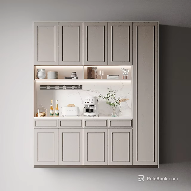 Modern Gray Sideboard Cabinet with Storage Countertop Decor and Under Cabinet Lighting 3d model