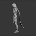 Hooded Cloaked White Armored Character in Standing Pose with Gray Gradient Background and Reflective Floor