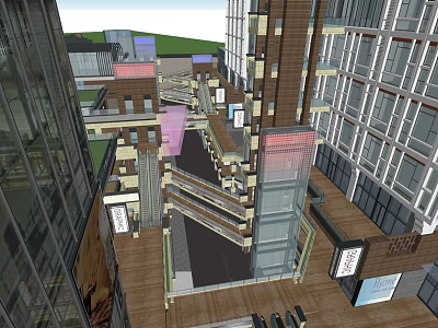 Modern Commercial Street With Multi Level Structure Glass Facades And Pedestrian Area 3d model
