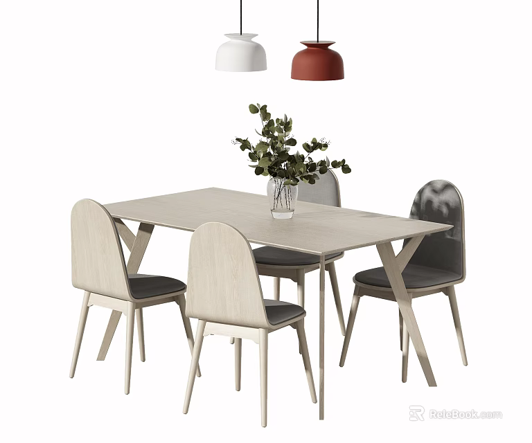 Rectangular Wooden Dining Table Set with Chairs Grey Cushions Green Plant and Pendant Lights 3d model