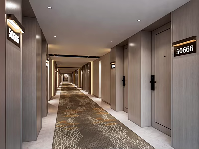 Modern Office Corridor With Numbered Doors Wooden Walls And Patterned Carpet 3d model