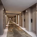 Modern Office Corridor With Numbered Doors Wooden Walls And Patterned Carpet
