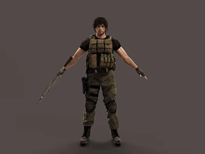 Game and Movie Character Wearing Tactical Vest Camouflage Pants Holding Weapon in Standing Pose 3d model