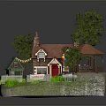 Charming Cottage Style Building With Red Roof Green Pavilion White Fence And Lush Trees
