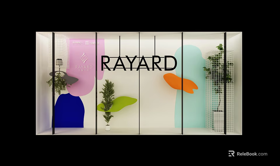 RAYARD Shop Window Display with Colorful Abstract Shapes Green Plants and Grid Structure 3d model 