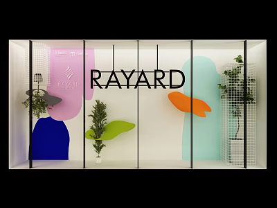 RAYARD Shop Window Display with Colorful Abstract Shapes Green Plants and Grid Structure 3d model