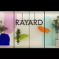 RAYARD Shop Window Display with Colorful Abstract Shapes Green Plants and Grid Structure