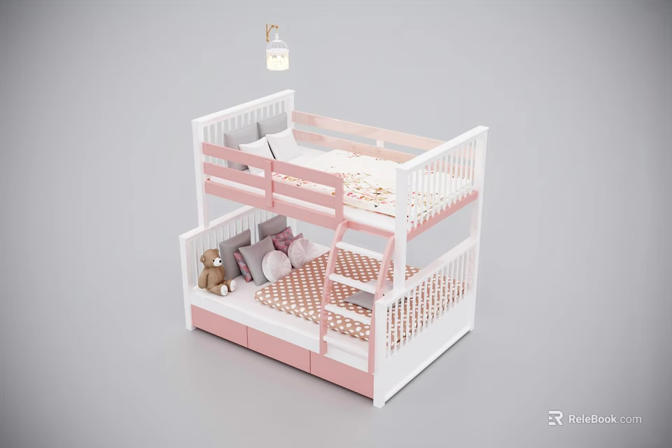 White and Pink Kids Bunk Bed With Guardrails Plaid Mattress And Teddy Bear 3d model 