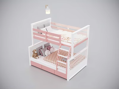 White and Pink Kids Bunk Bed With Guardrails Plaid Mattress And Teddy Bear 3d model