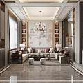 Elegant Dining Living Room Interior With Chandelier Sofa Coffee Table And Decorative Wall