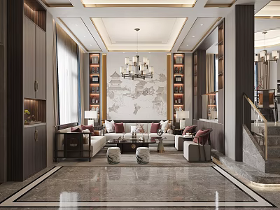 Elegant Dining Living Room Interior With Chandelier Sofa Coffee Table And Decorative Wall 3d model