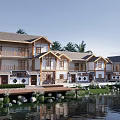 Traditional Rural Self-built Houses With Wooden Accents By Water And Greenery Reflection