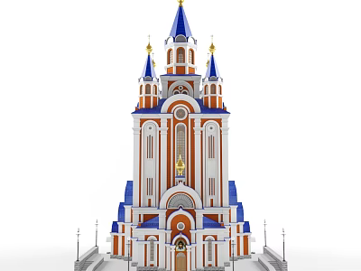 White European-style Architecture Featuring Blue Spires Golden Decorations And Orange Details 3d model