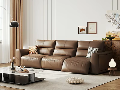 Three Seater Leather Sofa In Living Room With Coffee Table Wall Art And Floor Lamp 3d model