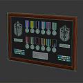 Wooden Frame Display Case With Military Medals Ribbons Emblems And Plaque