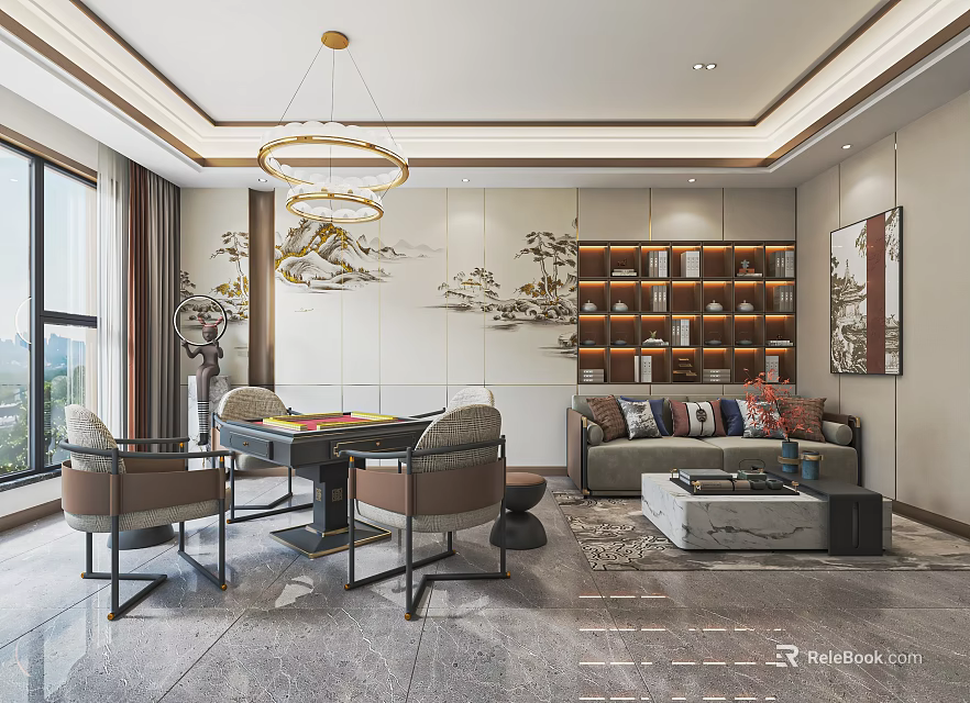 Elegant Modern Hotel Mahjong Room Interior With Chandelier Sofa Bookshelf And Floor to Ceiling Windows 3d model 
