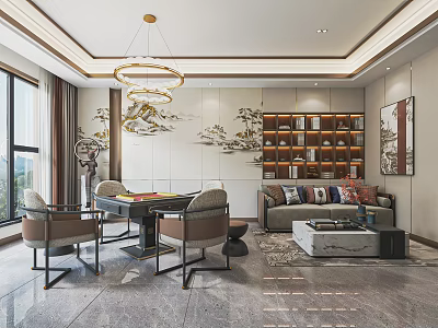 Elegant Modern Hotel Mahjong Room Interior With Chandelier Sofa Bookshelf And Floor to Ceiling Windows 3d model