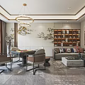 Elegant Modern Hotel Mahjong Room Interior With Chandelier Sofa Bookshelf And Floor to Ceiling Windows