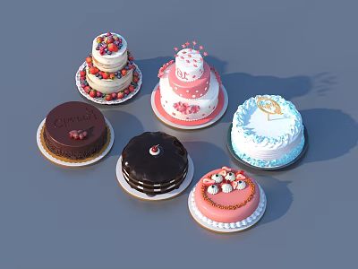 Various Delicious Decorated Cakes With Fresh Berries Chocolate And Cream Toppings 3d model