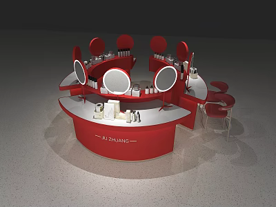 Red Circular Display Shelves With Mirrors White Countertop And Matching Chairs 3d model