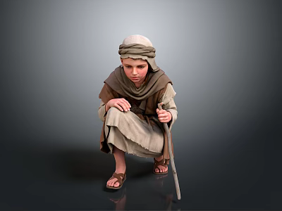 Child In Traditional Robe And Headscarf Crouching With Wooden Cane On Gray Background 3d model