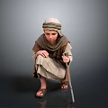 Child In Traditional Robe And Headscarf Crouching With Wooden Cane On Gray Background