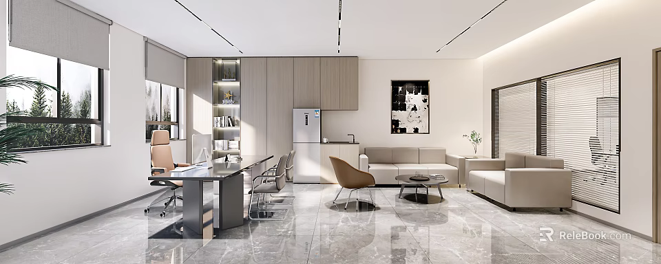 Modern Office Interior Design With Desk Sofa And Wall Art Decor 3d model