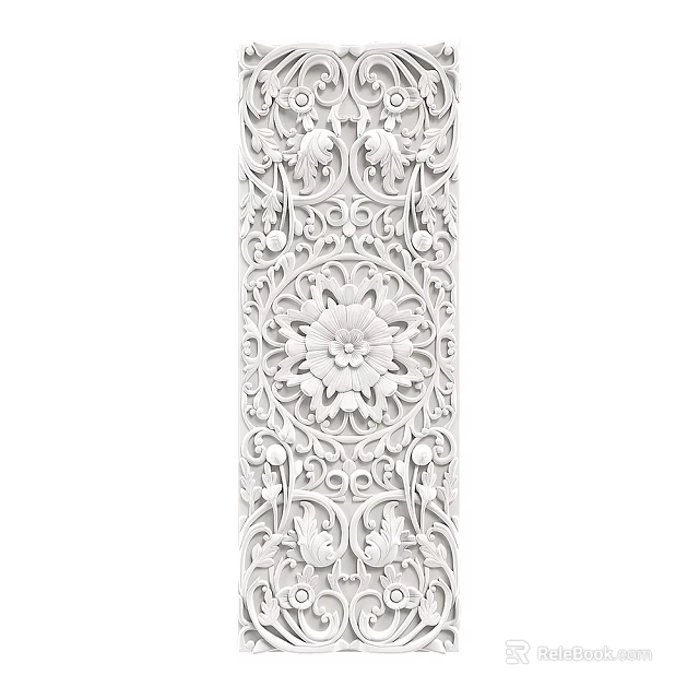 Intricate White Carved Decorative Panel with Floral Patterns and Ornate Vines 3d model 