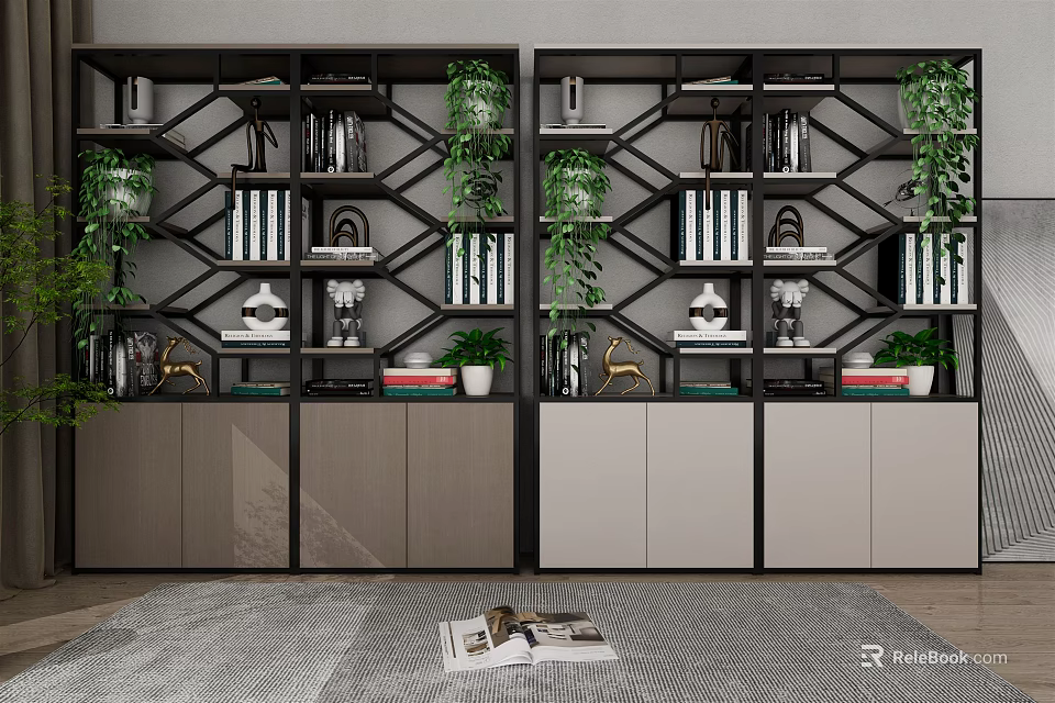 Modern Geometric Design Bookcase With Green Plants Decorations And Storage Cabinets 3d model