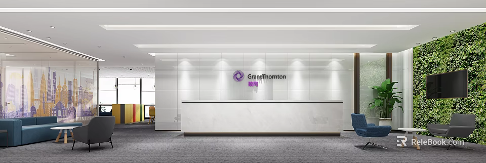 GrantThornton Front Desk Reception Area With Modern Counter And Branding Elements 3d model