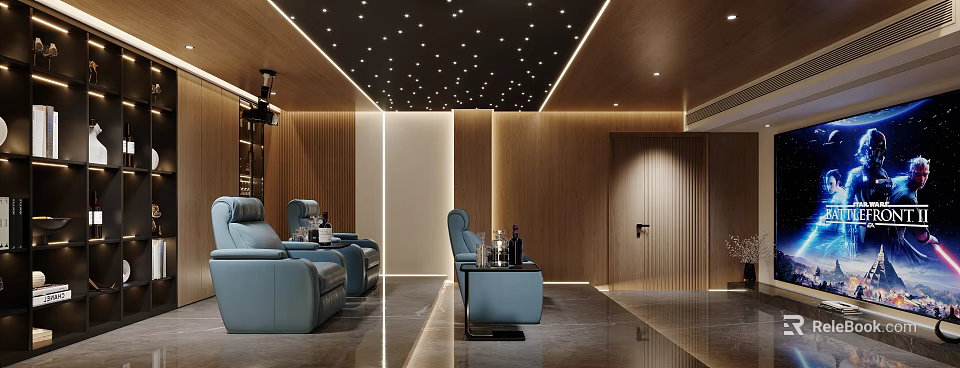 Modern Home Theater Room Interior With Starry Ceiling Blue Seats And Wooden Walls 3d model 