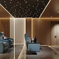 Modern Home Theater Room Interior With Starry Ceiling Blue Seats And Wooden Walls